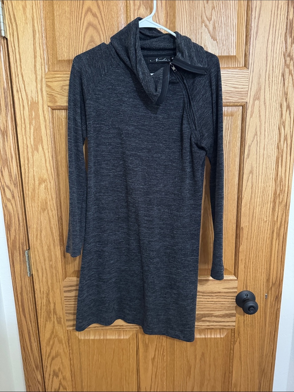 Nautica Charcoal Gray Long Sleeve Midi Dress with Asymmetrical Zip Collar
